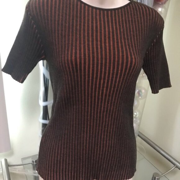 AKRIS Punto Ribbed Stretch Wool Short Sleeve Crew Neck Orange Sweater Top Tunic - Picture 1 of 5
